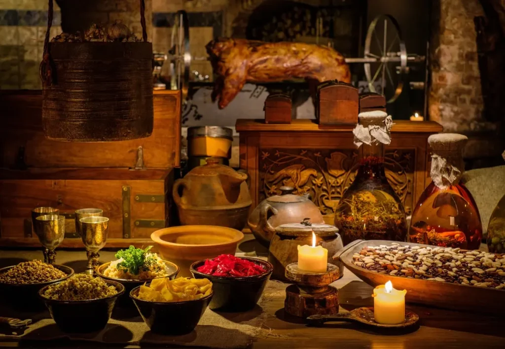 A rustic Viking meal table with natural ingredients, offering a glimpse into Viking-age cuisine and sweet treats.