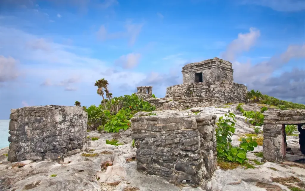 Panoramic view of Tulum ruins overlooking the Caribbean Sea, part of ancient ruins near Cancun.