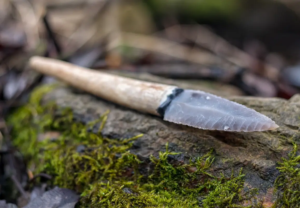 Close-up of a flint Native American knife artifact highlighting ancient craftsmanship.