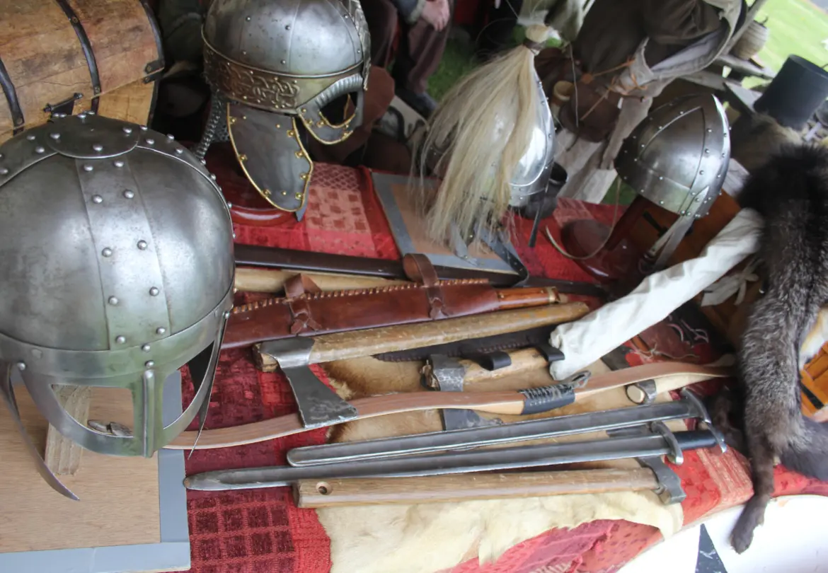 Various types of Viking weapons including swords, axes, spears, and shields, highlighting Viking armor history, traditional Viking weapons, and Viking sword and shield designs.