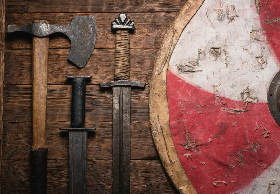 How can Viking weapons be seen in the modern world, showcasing swords, axes, and shields that highlight their influence on contemporary culture and design.