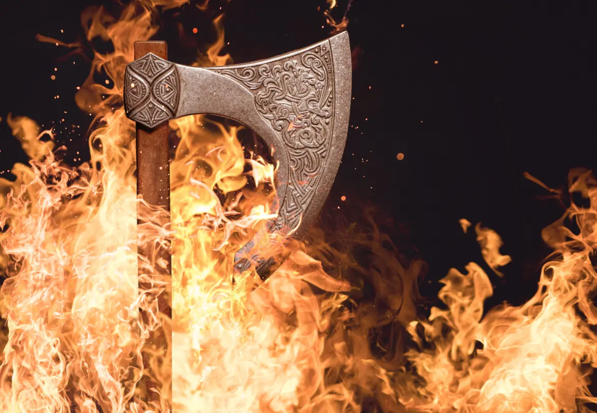 Close-up of ancient Viking weapons showing materials like iron and wood, crafted with advanced forging techniques, reflecting Viking weaponry and Viking weapons history.